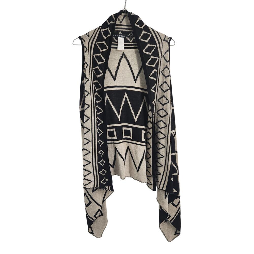 Maurices Plus Size 0 (14/16) Aztec Open Front Sleeveless Cardigan – Black & Tan